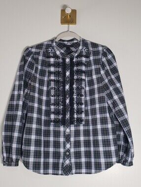 J. Crew Embellished Plaid Button Up Shirt Women Small Black Blue Western Rodeo